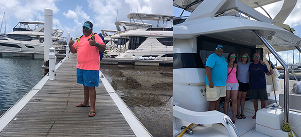 On the left, a man standing on a dock in the BVI with power catamarans behind him. On the right, a family standing on the bow of an Aquila power catamaran