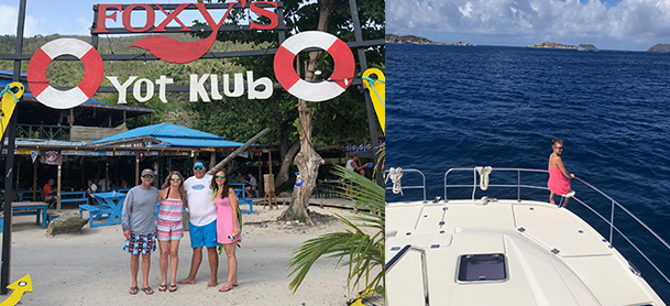 On the left, a group of four people standing in front of the Foxy's Bar sign in the British Virgin Islands. On the right, a girl standing on the stern of an Aquila looking out into the blue water