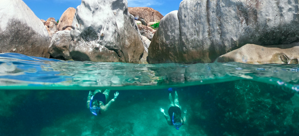 Two people snorkeling under water