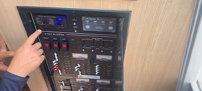 A breaker panel on a MarineMax Vacations 443 power catamaran