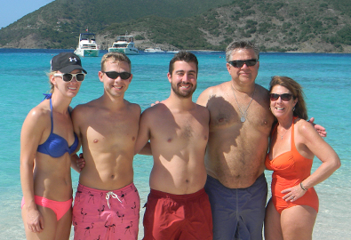 Group on beach with blue water
