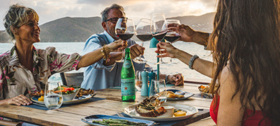 four people clanking wine glasses at waterside table