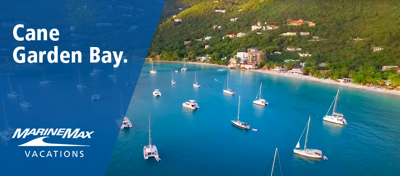 Aerial view of Cane Garden Bay with boats in the water