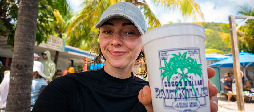 Marinemax's Payton MicKinney enjoying a cold beverage in the BVI
