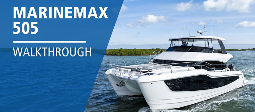 White luxury catamaran cruising on clear blue waters, under a sky with scattered clouds.