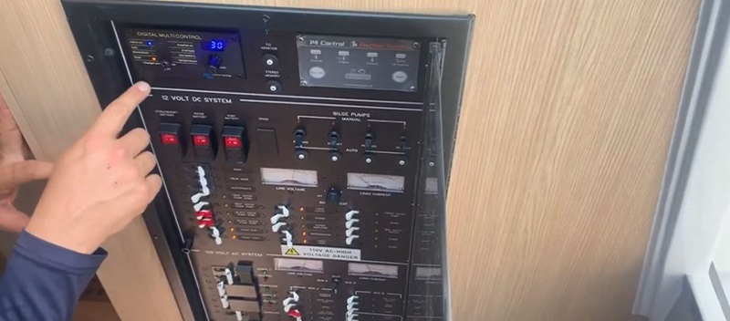 A breaker panel on a MarineMax Vacations 443 power catamaran