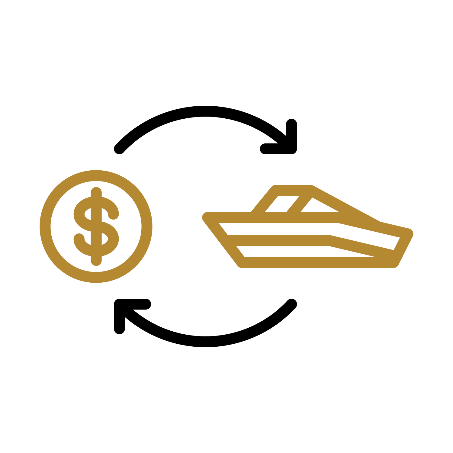 money and boat in gold with black arrows around