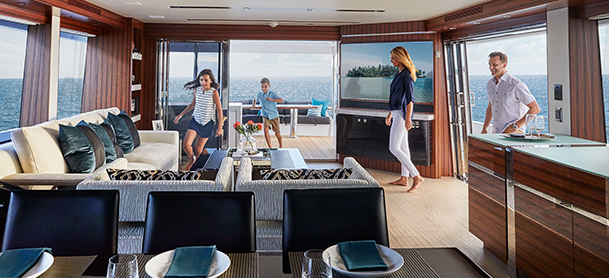 Family enjoying yacht lounge area