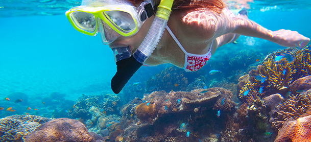 A girl with snorkeling equipment swims over a reef