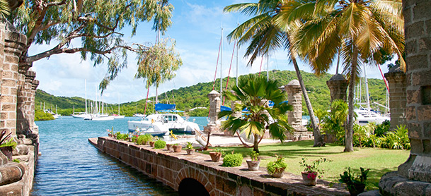 Palm trees overlooking canal opening out to larger water area filled with sailboats