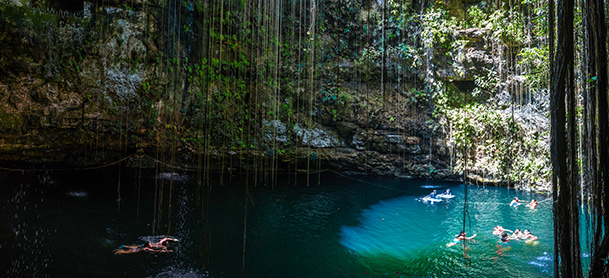 People swimming in pond in the sun and shade