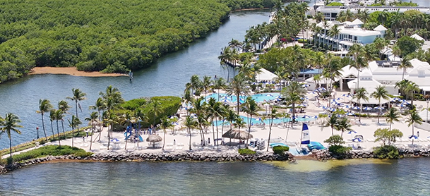 A scenic coastal resort with palm trees and a vibrant beach.