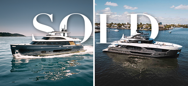 Split image of two luxurious yachts on blue water, one on the left, one on the right. The word "SOLD" overlays the center in large white letters.