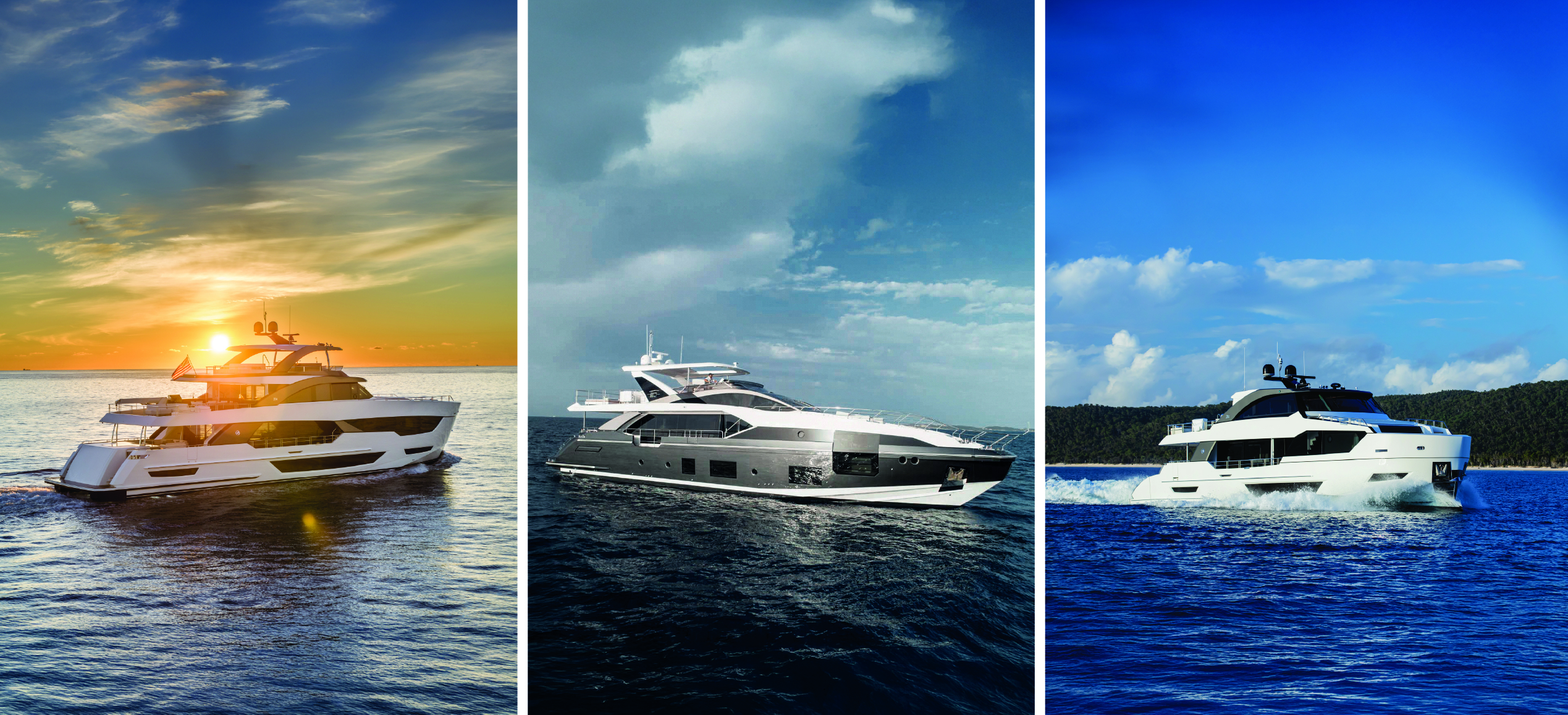 Three images of sleek yachts on the ocean.
