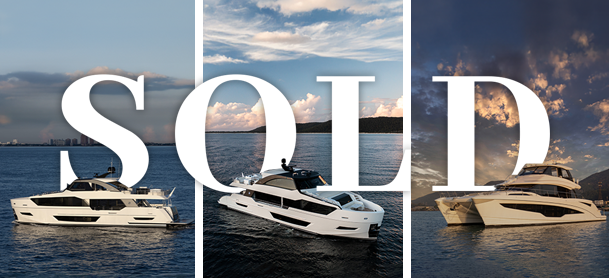 Three luxury yachts on a tranquil sea, each under a different sky: city backdrop, sunset, and clouds. Large white text reads "SOLD" over the images.