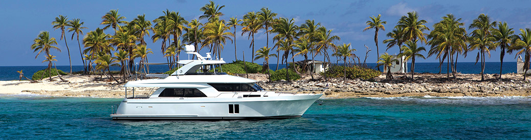 large white yacht anchored in light blue waters with palm tree in background