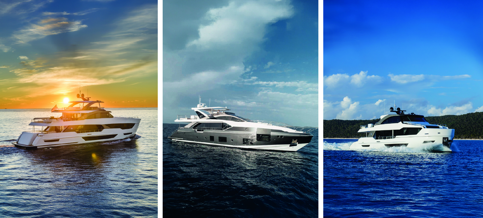 Three images of sleek yachts on the ocean.
