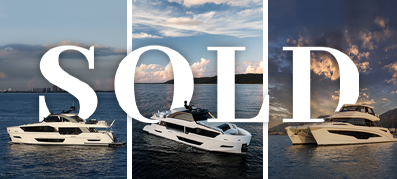 Three luxury yachts on a tranquil sea, each under a different sky: city backdrop, sunset, and clouds. Large white text reads "SOLD" over the images.