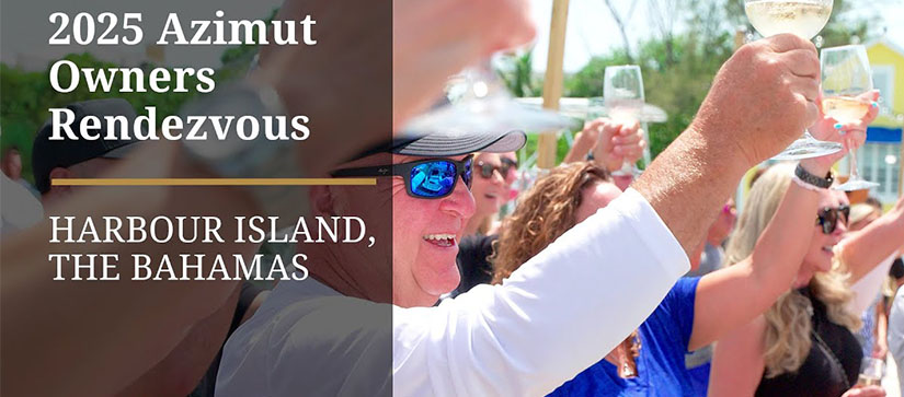 Crowd joyfully toasting with wine glasses at the 2025 Azimut Owners Rendezvous.