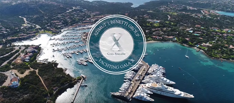 Overview of an island with a big marina - Azimut Yachting Gala Video