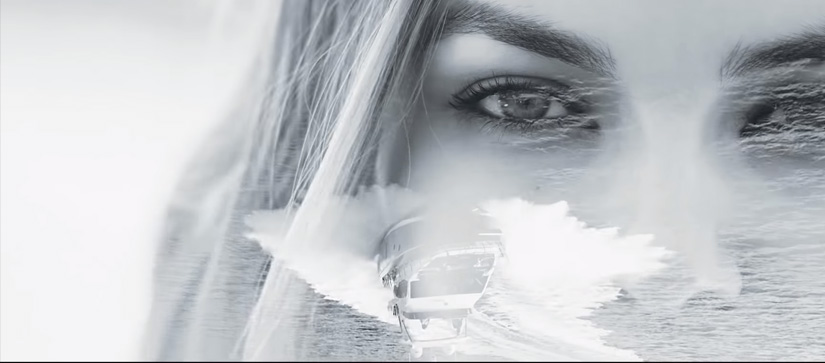 Image of washed out lady with yacht over top